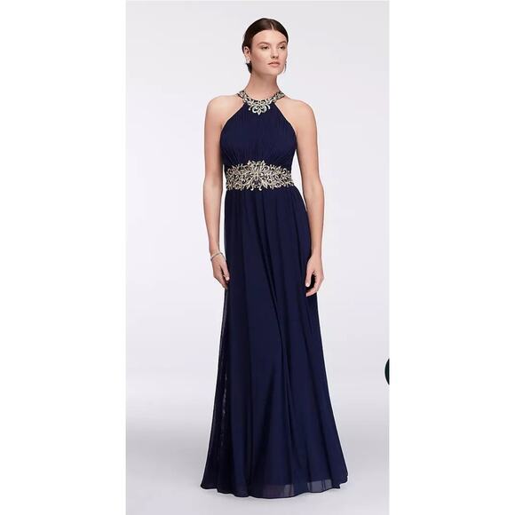 Betsy & Adam Women Navy Blue & Gold Beaded Embroidered Halter Pleated Gown 4 NEW - Picture 1 of 16